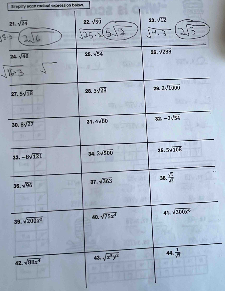 Simplify each radical expression below.
21
24
2
3
3
3