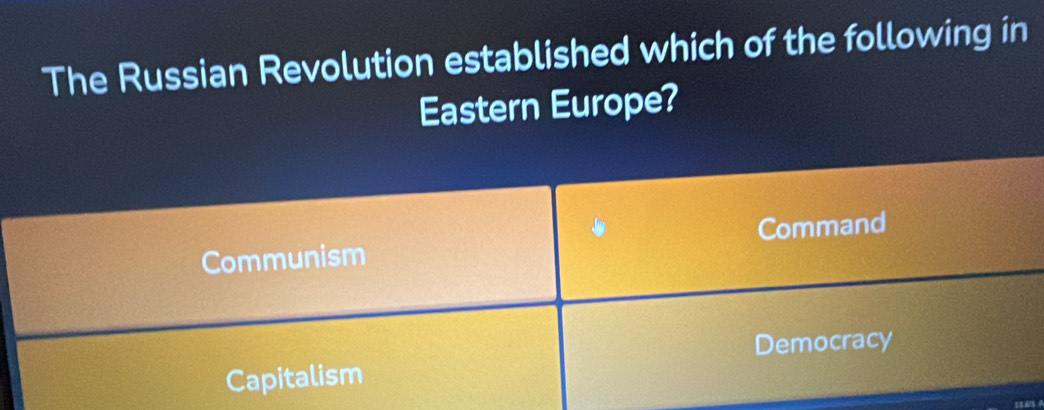 The Russian Revolution established which of the following in
Eastern Europe?
Communism Command
Democracy
Capitalism