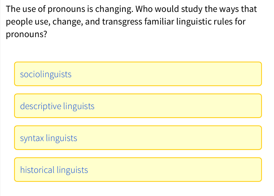 The use of pronouns is changing. Who would study the ways that
people use, change, and transgress familiar linguistic rules for
pronouns?
sociolinguists
descriptive linguists
syntax linguists
historical linguists