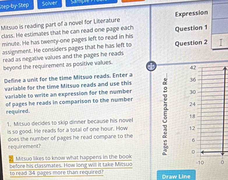 Step-by-Step Solver Sample 
Mitsuo is reading part of a novel for Literature Expression
class. He estimates that he can read one page each
Question 1
minute. He has twenty-one pages left to read in his
assignment. He considers pages that he has left to Question 2
read as negative values and the pages he reads
beyond the requirement as positive values.
42
Define a unit for the time Mitsuo reads. Enter a
variable for the time Mitsuo reads and use this 36
variable to write an expression for the number
30
of pages he reads in comparison to the number
24
required.
18
1. Mitsuo decides to skip dinner because his novel
is so good. He reads for a total of one hour. How
12
does the number of pages he read compare to the
6
requirement?
0
2. Mitsuo likes to know what happens in the book
before his classmates. How long will it take Mitsuo - 10 0
to read 34 pages more than required?
Draw Line