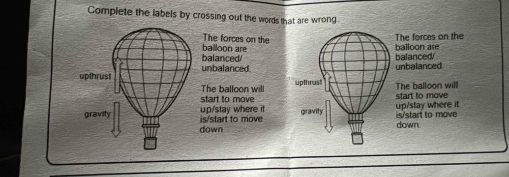 Complete the labels by crossing out the words that are wrong 
The forces on the 
The forces on the 
balloon are balloon are 
balanced/ balanced/ 
unbalanced. unbalanced 
The balloon will upthrust 
The balloon will 
start to move start to move 
up/stay where it gravity up/stay where it 
is/start to move is/start to move 
down down.