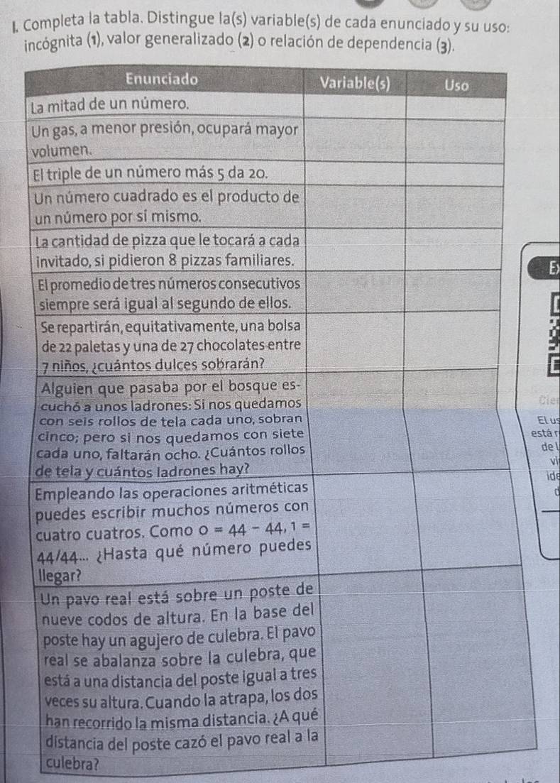 Completa la tabla. Distingue la(s) variable(s) de cada enunciado y su uso:
in valor general
L
U
v
E
u
i
E
Cler
El us
está r
de l
vì
d
ide
c
ia del poste ca
culebra?