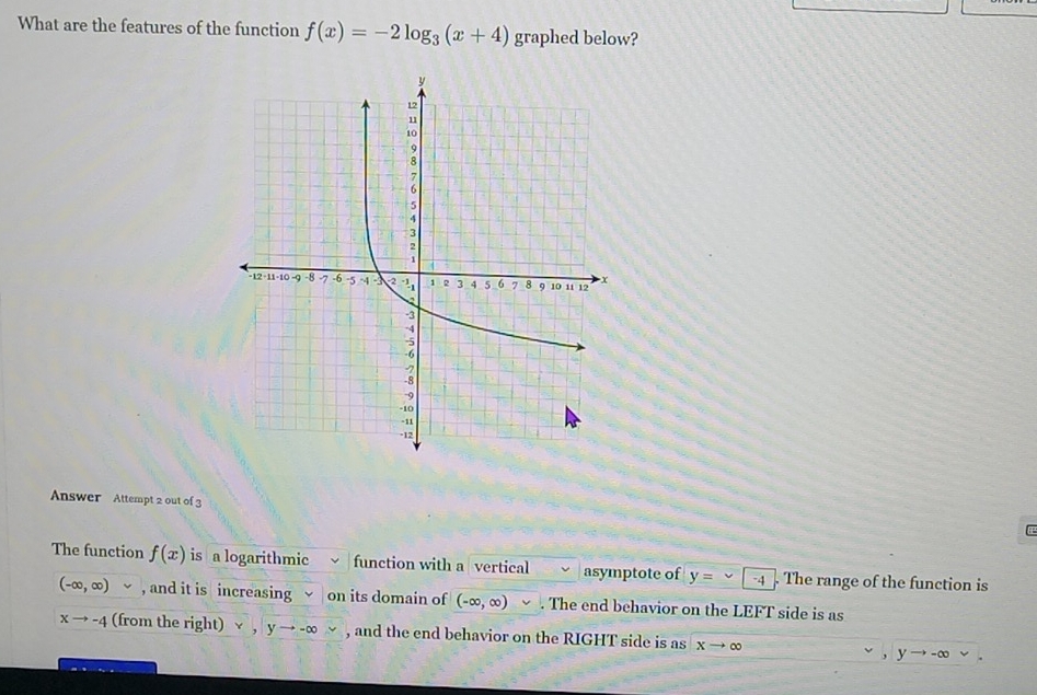 What are the features of the function f(x)=-2log _3(x+4) graphed below? 
Answer Attempt 2 out of 3 
The function f(x) is a logarithmic function with a vertical asymptote of y= -4. The range of the function is
(-∈fty ,∈fty ) , and it is increasing on its domain of (-∈fty ,∈fty ). The end behavior on the LEFT side is as
xto -4 (from the ri ght)vee , yto -∈fty , and the end behavior on the RIGHT side is as xto ∈fty yto -∈fty