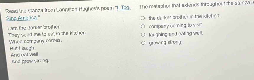 Read the stanza from Langston Hughes's poem "I, Too, The metaphor that extends throughout the stanza is 
Sing America." 
the darker brother in the kitchen. 
I am the darker brother. 
company coming to visit. 
They send me to eat in the kitchen 
When company comes, laughing and eating well. 
But I laugh, growing strong. 
And eat well, 
And grow strong.