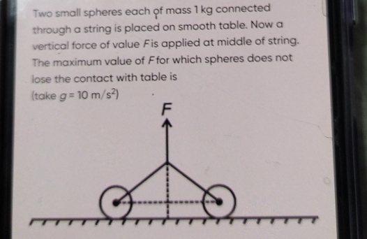 Two small spheres each of mass 1 kg connected 
through a string is placed on smooth table. Now a 
vertical force of value Fis applied at middle of string. 
The maximum value of F for which spheres does not 
lose the contact with table is 
(take g=10m/s^2)
F
,
4