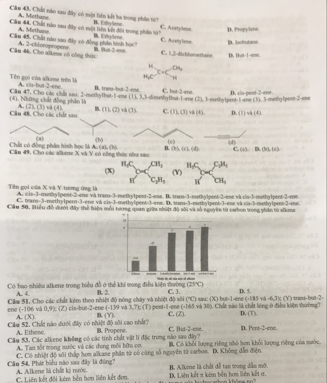 Chất nào sau đây có một liên kết ba trong phân tử?
A. Methane. B. Ethylene. C. Acetylene.
Câu 44. Chất nào sau đây có một liên kết đôi trong phân từ?
D. Propylene.
A. Methane. B. Ethylene. C. Acetylene.
Câu 45. Chất nào sau đây có đồng phân hình học?
D. Isobutane.
A. 2-chloropropene. B. But-2-ene. C. 1,2-dichloroethane. D. But-I-ene.
Câu 46. Cho alkene có công thức:
H CH_3
C=C
Tên gọi của alkene trên là
H_3C H
A. cis-but-2-ene. B. trans-but-2-ene. C. but-2-ene.
D. cis-pent-2-ene.
Câu 47. Cho các chất sau: 2-methylbut-1-ene (1), 3,3-dimethylbut-1-ene (2), 3-methylpent-1-ene (3), 3-methylpent-2-ene
(4). Những chất đồng phân là
A. (2), (3) vả (4). B. (1), (2) và (3). C. (1), (3) và (4).
Câu 48. Cho các chất sau: D. (1) và (4).
(a) (b)
(c)
Chất có đồng phân hình học là A. (a), (b). B. (b), (c), (d). (d) C. (c). D. (b), (c).
Câu 49. Cho các alkene X và Y có công thức như sau:
H_3C CH_3
(x) C=C (Y) H_3C_C=CC_2H_5
H' C_2H_5 1 CH_3
Tên gọi của X và Y tương ứng là
A. cis-3-methylpent-2-ene và trans-3-methylpent-2-ene. B. trans-3-methylpent-2-ene và cis-3-methylpent-2-ene.
C. trans-3-methylpent-3-ene và cis-3-methylpent-3-ene. D. trans-3-methylpent-3-ene và cis-3-methylpent-2-ene.
Câu 50. Biểu đồ dưới đây thể hiện mối tương quan giữa nhiệt độ sôi và số nguyên tử carbon trong phân tử alkene
Có bao nhiêu alkene trong biểu đồ ở thể khí trong điều kiện thường (25°C)
A. 4. B. 2. C. 3. D. 5.
Câu 51. Cho các chất kèm theo nhiệt độ nóng chảy và nhiệt độ sôi (^circ C) sau: (X) but-1-ene (-185va-6,3); (Y) trans-but-2-
ene (-106 và 0,9); (Z) cis-but-2-ene (-139 và 3,7) );    nt 1 en (- 165 và 30). Chất nào là chất lỏng ở điều kiện thường?
A. (X). B. (Y).
C. (Z). D. (T).
Câu 52. Chất nào dưới đây có nhiệt độ sôi cao nhất?
A. Ethene. B. Propene. C. But-2-ene. D. Pent-2-ene.
Câu 53. Các alkene không có các tính chất vật lí đặc trưng nào sau đây?
A. Tan tốt trong nước và các dung môi hữu cơ. B. Có khối lượng riêng nhỏ hơn khối lượng riêng của nước.
C. Có nhiệt độ sôi thấp hơn alkane phân tử có cùng số nguyên tử carbon. D. Không dẫn điện.
Câu 54. Phát biểu nào sau đây là đúng?
A. Alkene là chất kị nước. B. Alkene là chất dễ tan trong dầu mỡ.
C. Liên kết đôi kém bền hơn liên kết đơn. D. Liên kết π kém bền hơn liên kết σ.
aủa hydrocarbon không no?