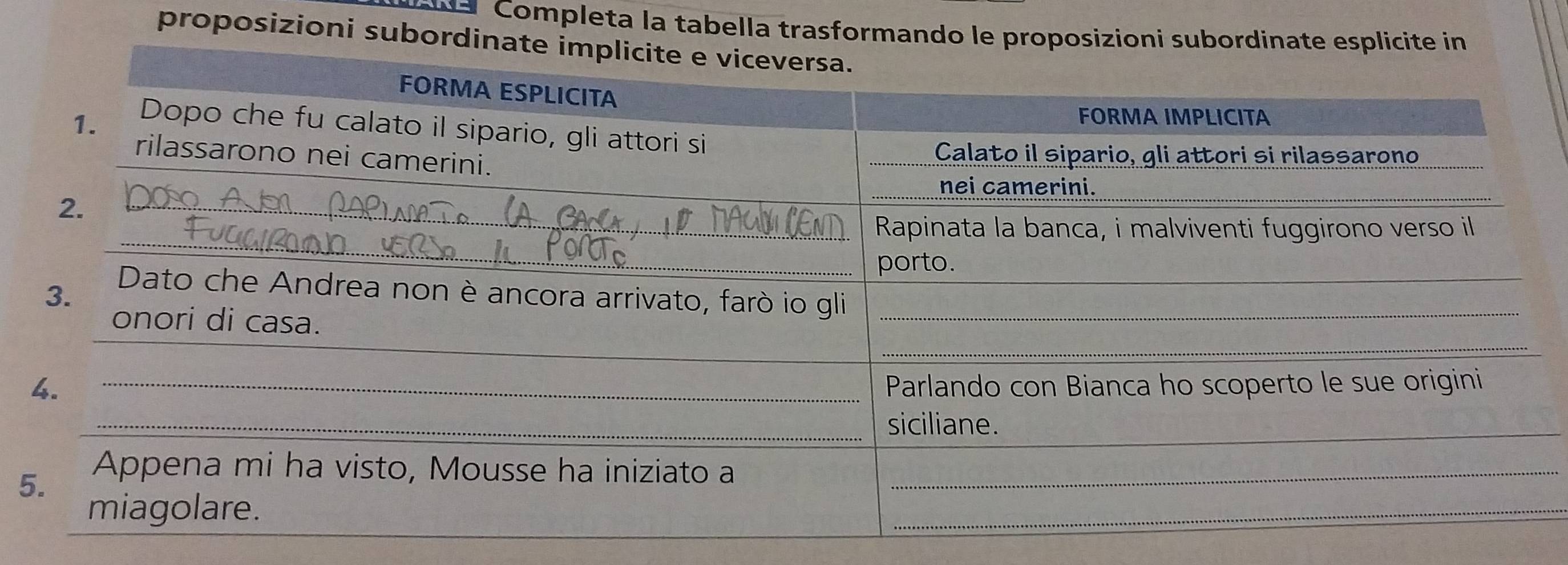 ompleta la tabella trasformando le proposizioni subordin 
proposizioni subordin 
5