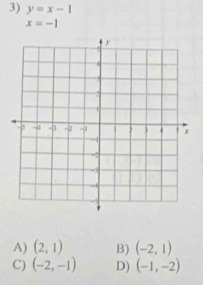 y=x-1
x=-1
A) (2,1) B) (-2,1)
C) (-2,-1) D) (-1,-2)