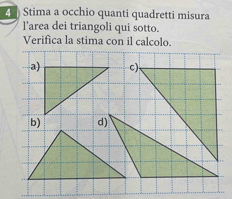 Stima a occhio quanti quadretti misura 
l’area dei triangoli qui sotto. 
Verifica la stima con il calcolo.