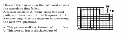 Observe the diagram on the right and answer 
the questions that follow. 
A person starts at A, walks along the bold 
path, and finishes at B. Each square is 1 km
along its edge. Use the diagram in answering 
the next two questions. 
a. This person walks a distance of _ km. 
b. This person has a displacement of 
_