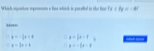 Which squation represents a lins whie 
Anrwer
y=- 1/2 x+6
y=|F=7
y=|x+4
y=|f=|