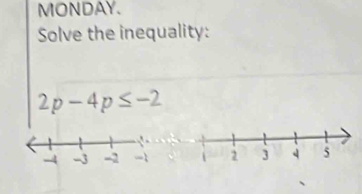 MONDAY. 
Solve the inequality:
2p-4p≤ -2