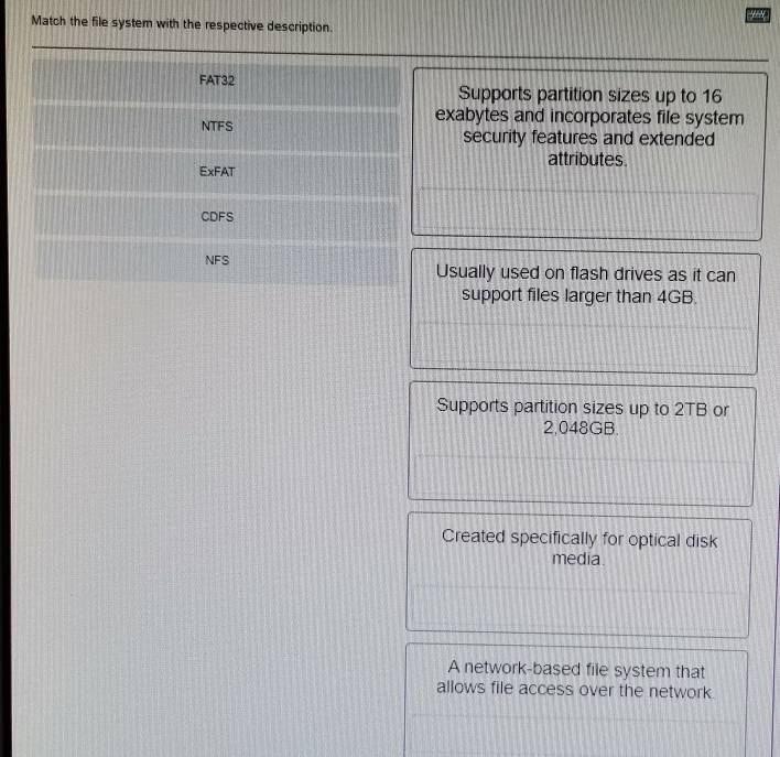 Solved: Match the file system with the respective description. FAT32 ...