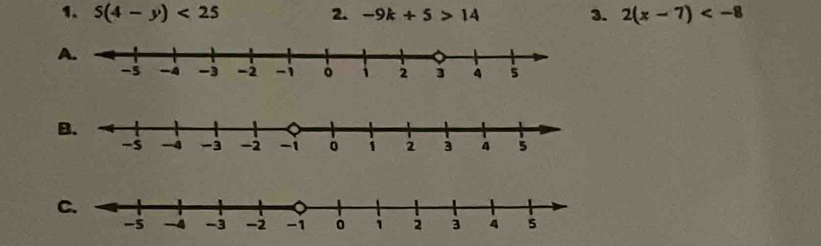 5(4-y)<25</tex> 2. -9k+5>14 3. 2(x-7)
A. 
B. 
C.