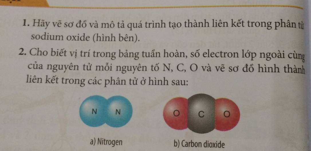 Hãy vẽ sơ đồ và mô tả quá trình tạo thành liên kết trong phân tử 
sodium oxide (hình bên). 
2. Cho biết vị trí trong bảng tuần hoàn, số electron lớp ngoài cùng 
của nguyên tử mỗi nguyên tố N, C, O và vẽ sơ đồ hình thành 
liên kết trong các phân tử ở hình sau:
N N
C
a) Nitrogen b) Carbon dioxide