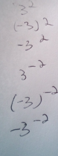 3^2
(-3)^2
-3alpha
3^(-2)
(-3)^-2
-3^(-2)