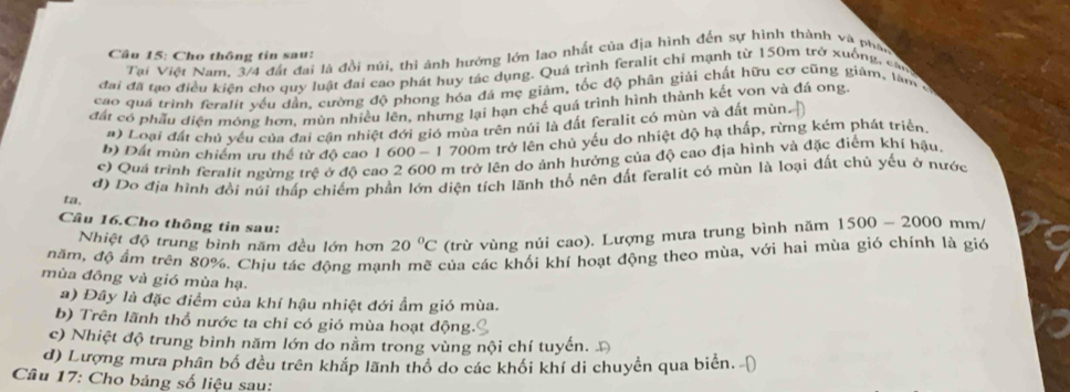 Cho thông tin sau:
Tại Việt Nam. 3/4 đất đai là đồi núi, thi ảnh hướng lớn lạo nhất của địa hình đến sự hình thành và phát
đai đã tạo điều kiến cho quy luật đai cao phát huy tác dụng. Quá trình feralit chỉ mạnh từ 150m trở xuống, các
cao quá trình feralit yếu dẫn, cường độ phong hóa đá mẹ giảm, tốc độ phân giải chất hữu cơ cũng giảm, làm y
đấ có phẫu diện mông hơn, mùn nhiều lên, nhưng lại hạn chế quả trình hình thành kết von và đá ong
#) Loại đất chủ yếu của đai cận nhiệt đới gió mùa trên núi là đất feralit có mùn và đất mùn.
b) Đất mùn chiếm ưu thể từ độ cao 1 600 - 1 700m trở lên chủ yếu do nhiệt độ hạ thấp, rừng kém phát triển
c) Quá trình feralit ngừng trệ ở độ cao 2 600 m trở lên do ảnh hưởng của độ cao địa hình và đặc điểm khí hậu.
ta. đ) Do địa hình đồi núi thấp chiếm phần lớn diện tích lãnh thổ nên đất feralit có mùn là loại đất chủ yếu ở nước
Câu 16.Cho thông tin sau:
Nhiệt độ trung bình năm đều lớn hơn 20°C (trừ vùng núi cao). Lượng mưa trung bình năm 1500-2000 mm/
năm, độ ẩm trên 80%. Chịu tác đông manh mẽ của các khối khí hoạt động theo mùa, với hai mùa gió chính là giớ
mùa đông và gió mùa hạ.
a) Đây là đặc điểm của khí hậu nhiệt đới ẩm gió mùa.
b) Trên lãnh thổ nước ta chỉ có gió mùa hoạt động
c) Nhiệt độ trung bình năm lớn do nằm trong vùng nội chí tuyến.
d) Lượng mưa phân bố đều trên khắp lãnh thổ do các khối khí di chuyển qua biển. Đ
Câu 17: Cho bảng số liệu sau: