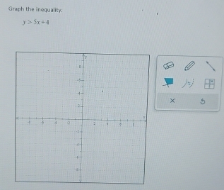 Graph the inequality.
y>5x+4
× 5