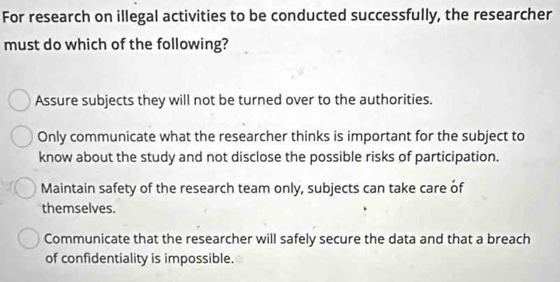 Solved: For research on illegal activities to be conducted successfully ...