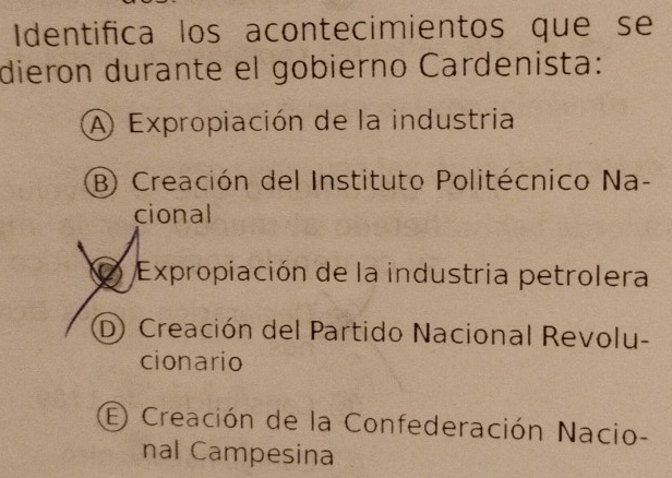 Identifica los acontecimientos que se
dieron durante el gobierno Cardenista:
A Expropiación de la industria
B) Creación del Instituto Politécnico Na-
cional
Expropiación de la industria petrolera
D) Creación del Partido Nacional Revolu-
cionario
E) Creación de la Confederación Nacio-
nal Campesina