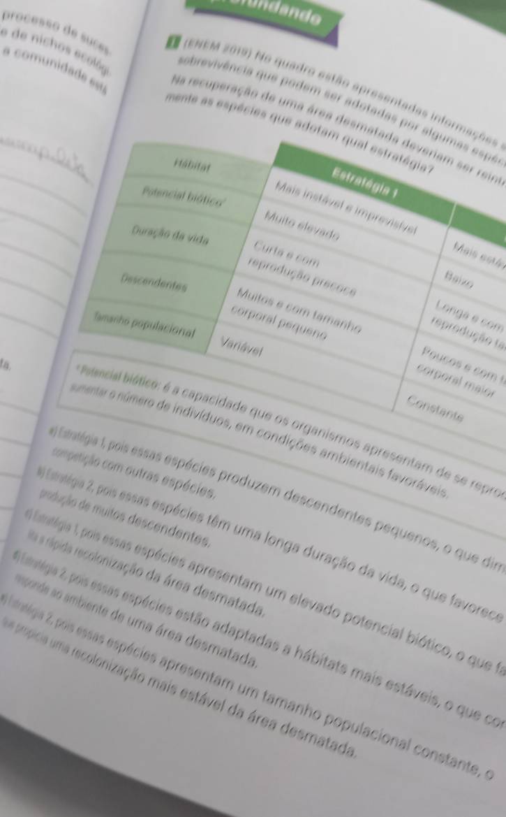 a de nichos ecológe
a comunidade es
# (eNEM 2019) No quadro estão apresentadas infes
processo de suces Na recuperação de uma área dein
obrevivência que podem ser adotadas pe
_
mente as espécies que 
_
_
stá:
_
_
om
o ta
ta.
m !
_
or
s apresentam de se repr
ões ambientais favorávei
competição com outras espécies.
_, pois essas espécies produzem descendentes pequenos, o que di
podução de muitos descendentes
_A Estrstégia 2, pois essas espécies têm uma longa duração da vida, o que favoreo
Aa a rápida recolonização da área desmatada
Estratégie 1, pois essas espécies apresentam um elevado potencial biótico, o que
mconde so ambiente de uma área desmatada
Etalégia 2, pois essas espécies estão adaptadas a hábitats mais estáveis, o que o
natégia 2, pois essas espécies apresentam um tamanho populacional constante,
A spicia uma recolonização mais estável da área desmatada