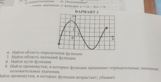 а) воарастаюшнми; 6) yбываюшими? 
. ωлких аначениях α фунκция y=(a-2)x+3 : 
BAPИAHT 2 
6. Найτи область определения функции 
7. Найτи область значений функиии 
8. Найτи нули функции 
9. Найτη πромежуткиη в коοторых функция πринимает оτрицательные значения; 
Положительные значения, 
πайτи πромежутки, в которых функция возрастает; убывает