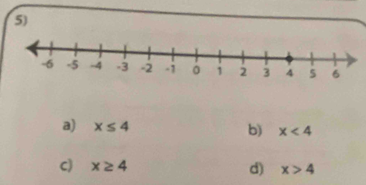 a) x≤ 4 b) x<4</tex>
C) x≥ 4 d) x>4