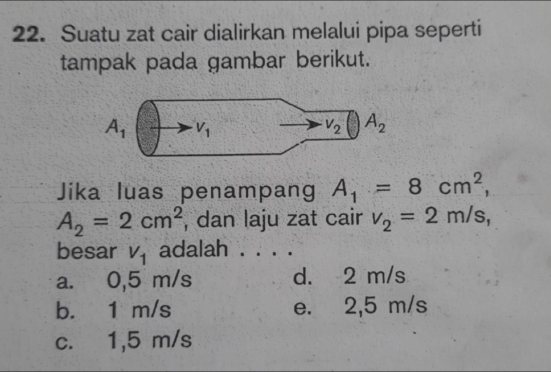 Suatu zat cair dialirkan melalui pipa seperti
tampak pada gambar berikut.
A_1
V_1
V_2 A_2
Jika luas penampang A_1=8cm^2,
A_2=2cm^2 , dan laju zat cair v_2=2m/s, 
besar V_1 adalah
a. 0,5 m/s d. 2 m/s
b. 1 m/s e. 2,5 m/s
c. 1,5 m/s