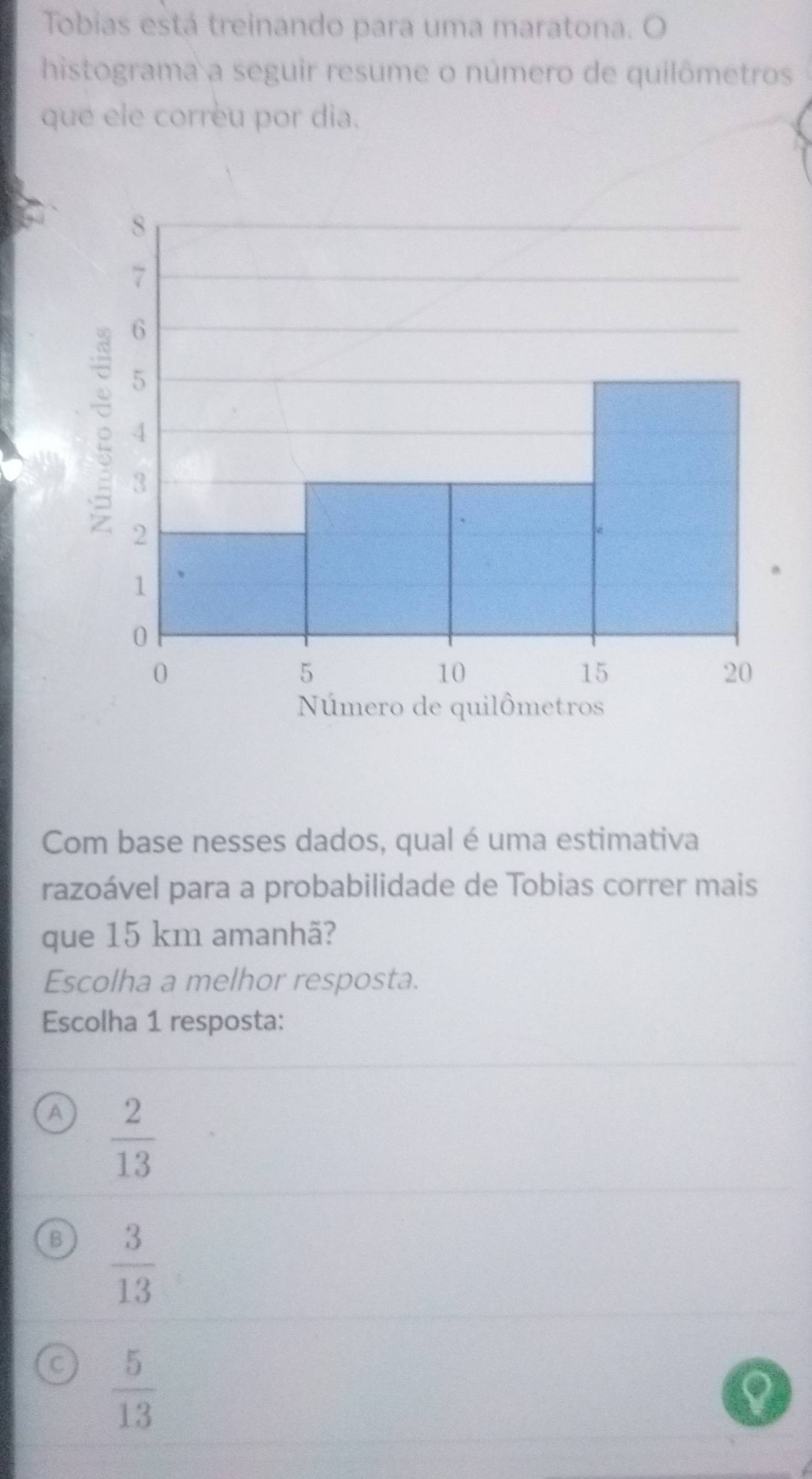 Tobias está treinando para uma maratona. O
histograma a seguir resume o número de quilômetros
que ele correu por dia.
Com base nesses dados, qual é uma estimativa
razoável para a probabilidade de Tobias correr mais
que 15 km amanhã?
Escolha a melhor resposta.
Escolha 1 resposta:
A  2/13 
B  3/13 
C  5/13 