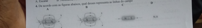 A. Escalar
4. De acordo com as figuras abaixos, qual desses representa as linhas do campo D
C
B
A
N
N s N.A
N