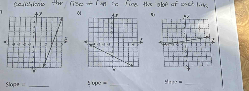 8 
9) 

Slope = _ Slope = _  Slope =_