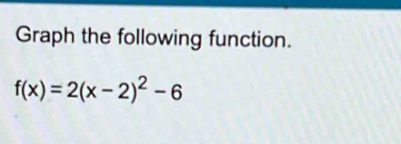 Graph the following function.
f(x)=2(x-2)^2-6