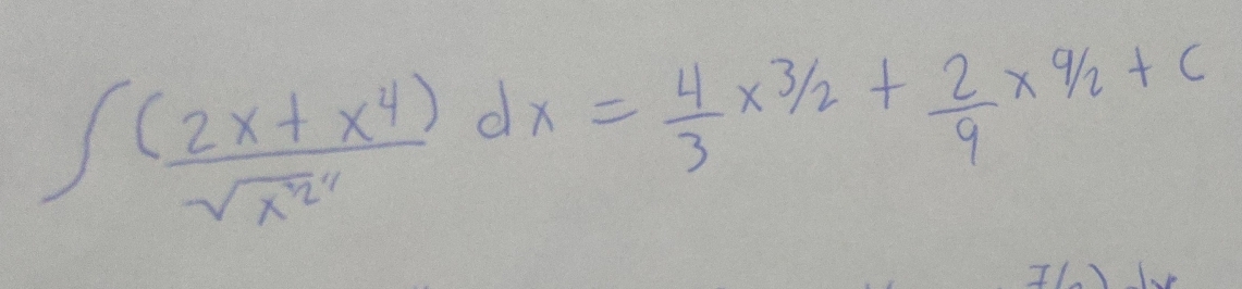 ∈t  ((2x+x^4))/sqrt(x^(21)) dx= 4/3 * 3/2+ 2/9 * 9/2+c