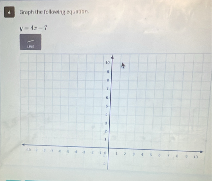 Graph the following equation.
y=4x-7
LIN E