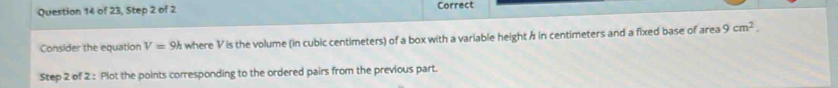 of 23, Step 2 of 2 Correct 
Consider the equation V=9h where V is the volume (in cubic centimeters) of a box with a variable height h in centimeters and a fixed base of area 9cm^2. 
Step 2 of 2 : Plot the points corresponding to the ordered pairs from the previous part.