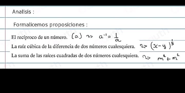 Analisis : 
Formalicemos proposiciones : 
El recíproco de un número. 
La raíz cúbica de la diferencia de dos números cualesquiera. 
La suma de las raíces cuadradas de dos números cualesquiera.