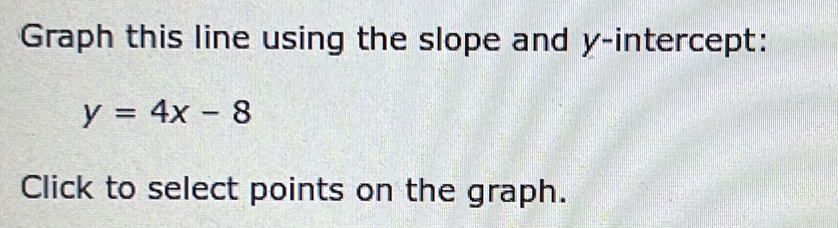 Graph this line using the slope and y-intercept:
y=4x-8
Click to select points on the graph.