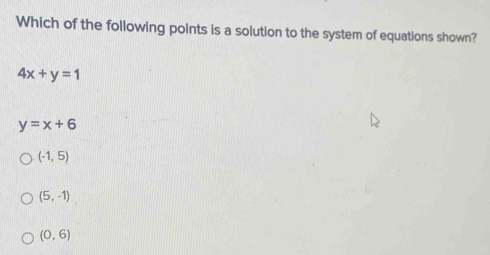 Which of the following points is a solution to the system of equations shown?
4x+y=1
y=x+6
(-1,5)
(5,-1)
(0,6)