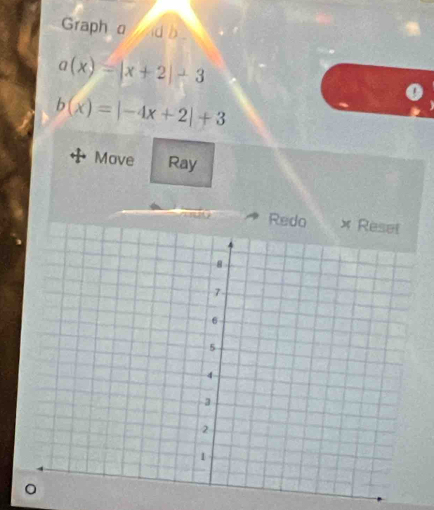 Graph a db
a(x)=|x+2|-3
b(x)=|-4x+2|+3
Move Ray