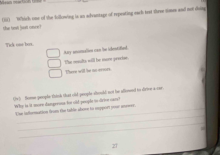 Mean reaction time = _(1)
(iii) Which one of the following is an advantage of repeating each test three times and not doing
the test just once?
Tick one box.
Any anomalies can be identified.
The results will be more precise.
There will be no errors.
(1)
(iv) Some people think that old people should not be allowed to drive a car.
Why is it more dangerous for old people to drive cars?
_
Use information from the table above to support your answer.
_
(2)
27