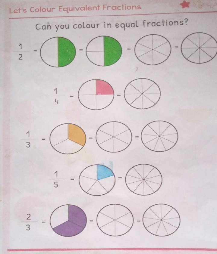 Let's Colour Equivalent Fractions 
Can you colour in equal fractions?
 1/2 =
=
- =
=
7
 1/4 =
=
 1/3 =
=
 1/5 =
=
 2/3 =
=