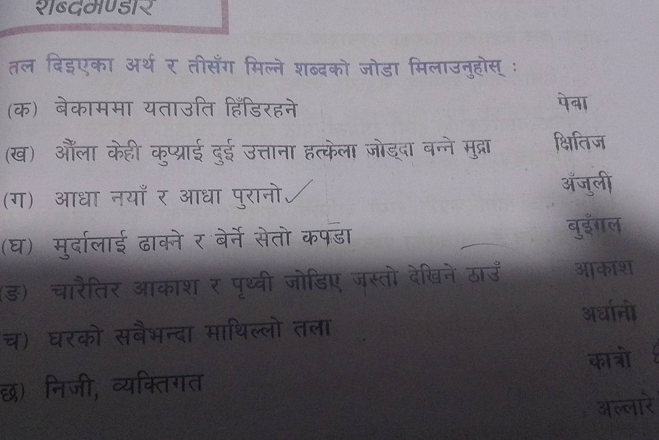 शबदमणडार
तल दिइएका अर्थ र तीसँग मिल्ने शब्दको जोडा मिलाउनुहोस् ः
(क) बेकाममा यताउति हिंडिरहने पेवा
(ख) औँला केही कुप्प्राई दुई उत्ताना हत्केला जोडदा बन्ने मुद्रा क्षितिज
(ग) आधा नयाँ र आधा पुरानो
ऑजुली
(घ) मुर्दालाई ढाकने र बे्ने सेतो कपडा
बुडँगल
(ड) चारैतिर आकाश र पृथ्वी जोडिए जस्तो देखिने ठाऊँ
आकाश
अर्धानो
च) घरको सबैभन्दा माथिल्लो तला
कात्रो 
छ) निजी, व्यक्तिगत
अल्लारे