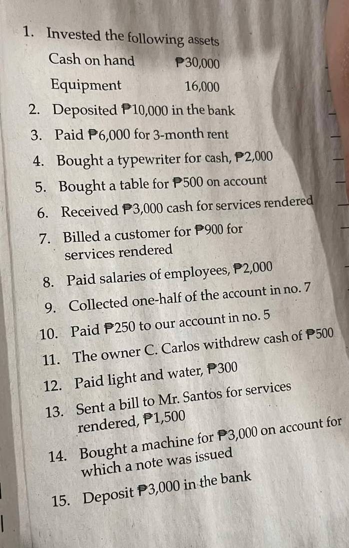 Invested the following assets 
Cash on hand P30,000
Equipment 16,000
2. Deposited 10,000 in the bank 
3. Paid P6,000 for 3-month rent 
4. Bought a typewriter for cash, 2,000
5. Bought a table for 500 on account 
6. Received 3,000 cash for services rendered 
7. Billed a customer for 900 for 
services rendered 
8. Paid salaries of employees, P2,000
9. Collected one-half of the account in no. 7
10. Paid 250 to our account in no. 5
11. The owner C. Carlos withdrew cash of P500
12. Paid light and water, P300
13. Sent a bill to Mr. Santos for services 
rendered, P1,500
14. Bought a machine for 3,000 on account for 
which a note was issued 
15. Deposit P3,000 in the bank