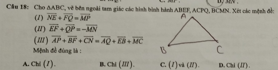 by mn.
Câu 18: Cho △ ABC , vẽ bên ngoài tam giác các hình bình hành ABEF, ACPQ, BCMN. Xét các mệnh đề:
(1) vector NE+vector FQ=vector MP
(Ⅱ) overline EF+overline QP=-overline MN
(Ⅲ) overline AP+overline BF+overline CN=overline AQ+overline EB+overline MC
Mệnh đề đúng là :
A. Chi (1). B. Chi (III). C. (I) và (II). D. Chi (Ⅱ) .