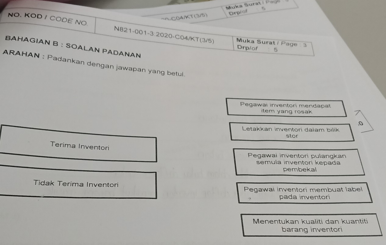 Muka Surat / Page
~.C04/KT(3/5) Drpiof 5
NO. KOD / CODE NO. N821-001-3:2020-C04/KT(3/5) Muka Surat / Page : 3
BAHAGIAN B :SOALAN PADANAN
Drp/of : 5
ARAHAN : Padankan dengan jawapan yang betul.
Pegawai inventori mendapat
item yang rosak
Letakkan inventori dalam bilik
stor
Terima Inventori
Pegawai inventori pulangkan
semula inventori kepada
pembekal
Tidak Terima Inventori
Pegawai inventori membuat label
pada inventori
Menentukan kualiti dan kuantiti
barang inventori