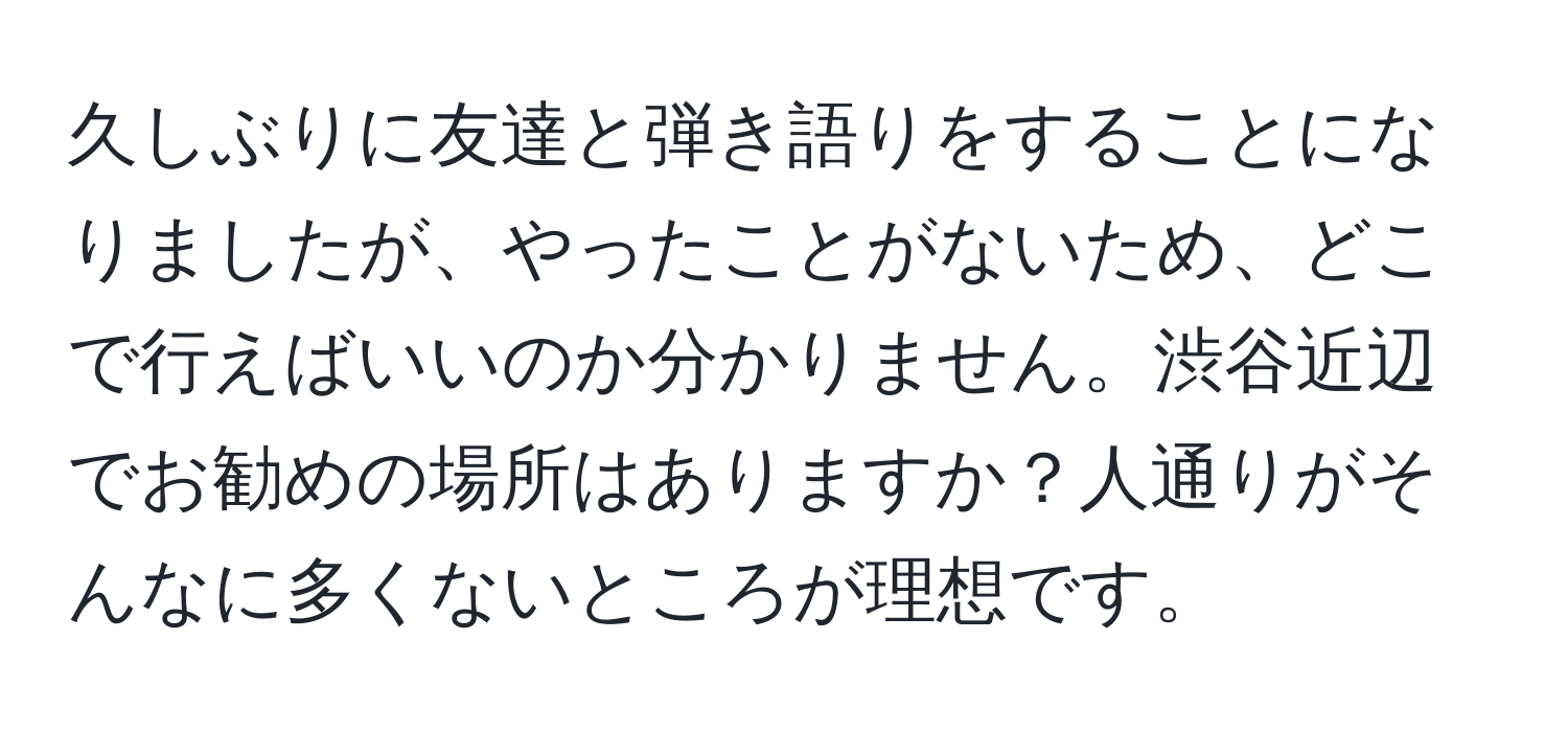 久しぶりに友達と弾き語りをすることになりましたが、やったことがないため、どこで行えばいいのか分かりません。渋谷近辺でお勧めの場所はありますか？人通りがそんなに多くないところが理想です。