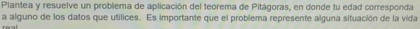 Plantea y resuelve un problema de aplicación del teorema de Pitágoras, en donde tu edad corresponda 
a alguno de los datos que utilices. Es importante que el problema represente alguna situación de la vida 
raa!