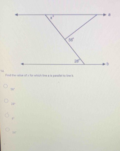 Find the value of x for which line a is parallel to line b.
56°
28°
6^x
34°