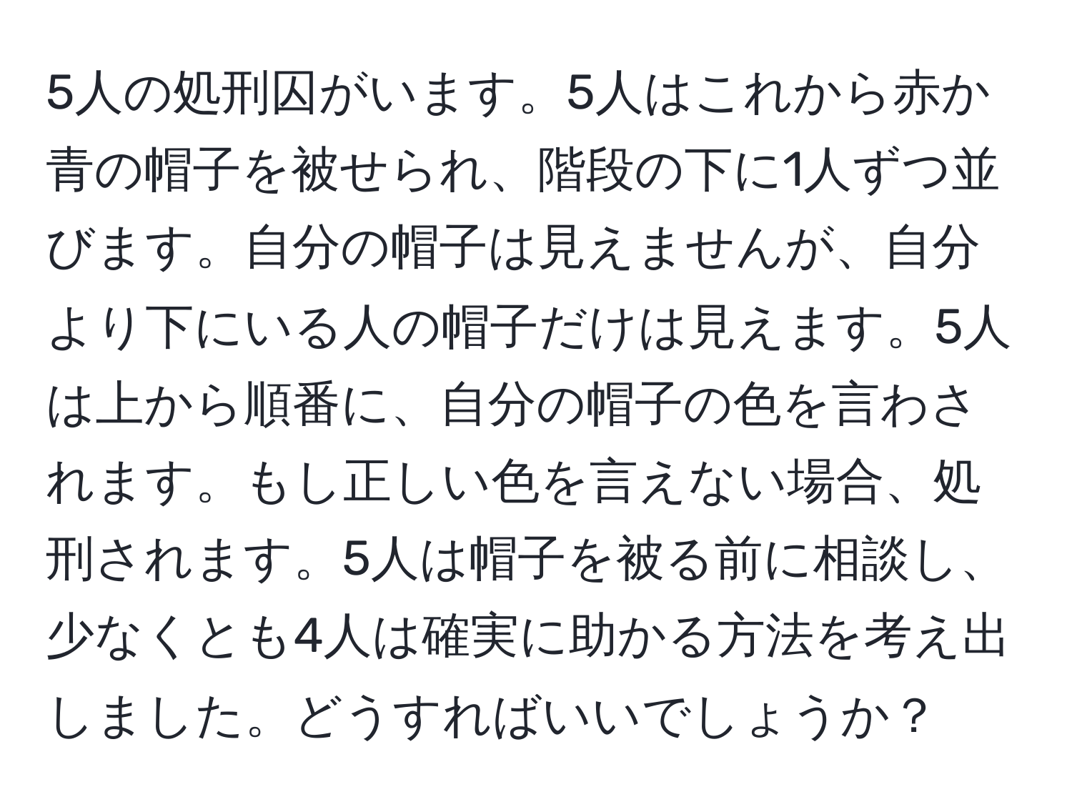 5人の処刑囚がいます。5人はこれから赤か青の帽子を被せられ、階段の下に1人ずつ並びます。自分の帽子は見えませんが、自分より下にいる人の帽子だけは見えます。5人は上から順番に、自分の帽子の色を言わされます。もし正しい色を言えない場合、処刑されます。5人は帽子を被る前に相談し、少なくとも4人は確実に助かる方法を考え出しました。どうすればいいでしょうか？