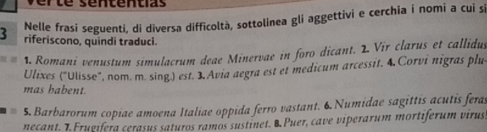 verte sententias 
3 Nelle frasi seguenti, di diversa difficoltà, sottolinea gli aggettivi e cerchia i nomi a cui si 
riferiscono, quindi traduci. 
1. Romani venustum simulacrum deae Minervae in foro dicant. 2. Vir clarus et callidus 
Ulixes ("Ulisse", nom. m. sing.) est. 3. Avia aegra est et medicum arcessit. 4. Corvi nigras plu 
mas habent. 
5. Barbarorum copiae amoena Italiae oppida ferro vastant. 6. Numidae sagittis acutis feras 
necant. 1.Frugifera cerasus saturos ramos sustinet. 8. Puer, cave viperarum mortiferum virus